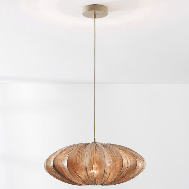 Lampa wisząca Creora – styl Japandi z tkaniny w kolorze ciepłego brązu