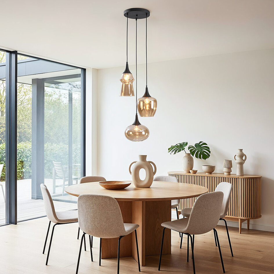Design lampa wisząca Zian – 3 światła czarna ze szkłem bursztynowym w różnych kształtach