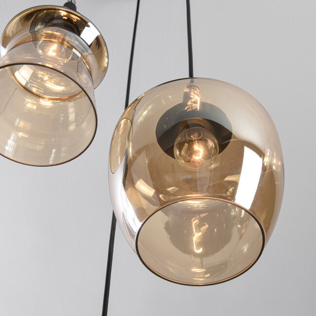 Design lampa wisząca Zian – 3 światła czarna ze szkłem bursztynowym w różnych kształtach