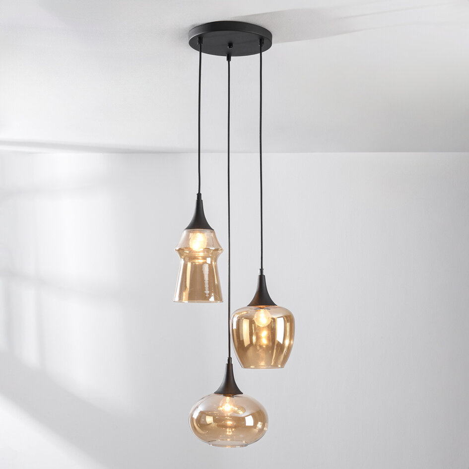 Design lampa wisząca Zian – 3 światła czarna ze szkłem bursztynowym w różnych kształtach