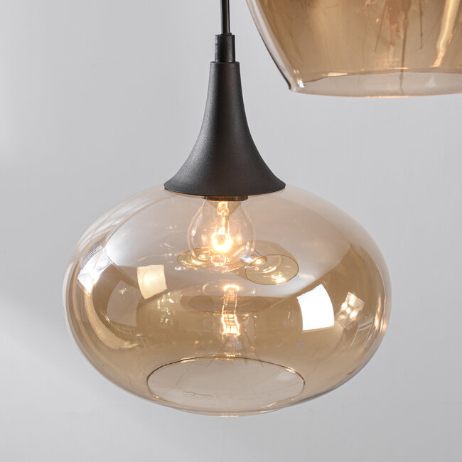 Design lampa wisząca Zian – 3 światła czarna ze szkłem bursztynowym w różnych kształtach
