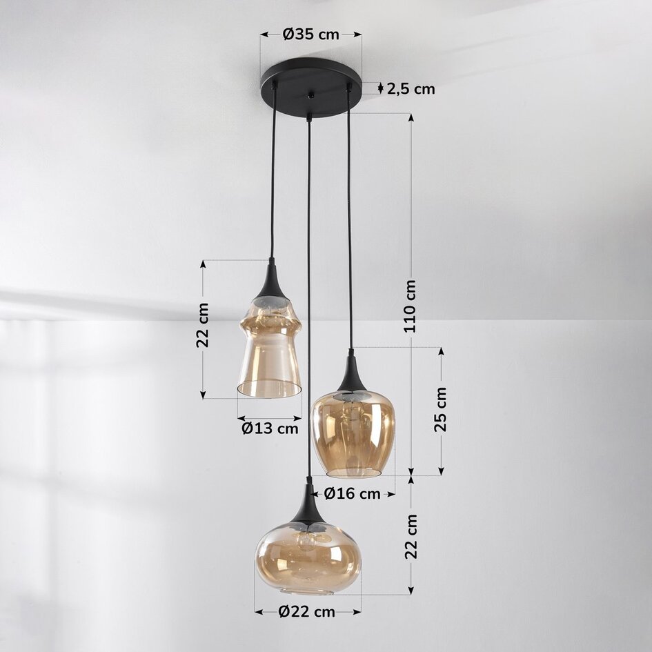 Design lampa wisząca Zian – 3 światła czarna ze szkłem bursztynowym w różnych kształtach