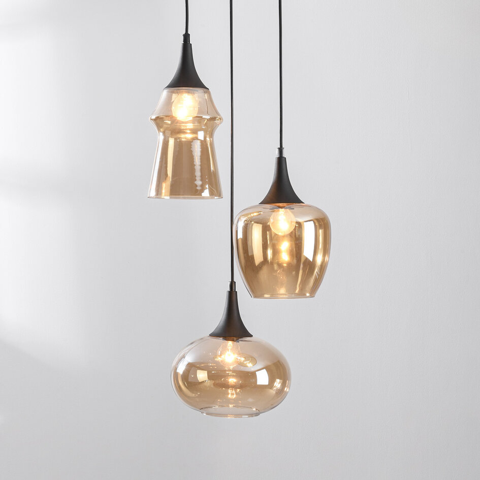 Design lampa wisząca Zian – 3 światła czarna ze szkłem bursztynowym w różnych kształtach