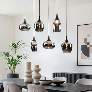 6-światło lampa wisząca Lior czarna z kloszami ze szkła dymionego i efektem lustra w różnych kształtach