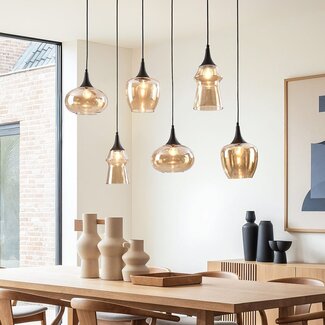 6 światła lampa wisząca Lior czarna ze szkłem bursztynowym w różnych kształtach