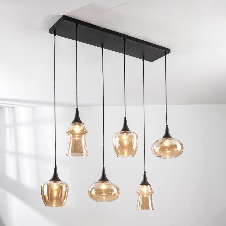 6 światła lampa wisząca Lior czarna ze szkłem bursztynowym w różnych kształtach