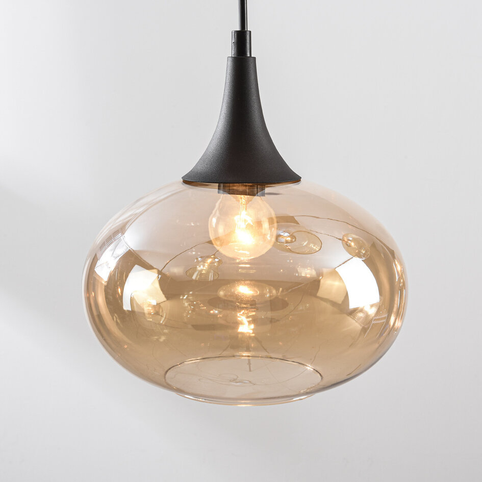 6 światła lampa wisząca Lior czarna ze szkłem bursztynowym w różnych kształtach