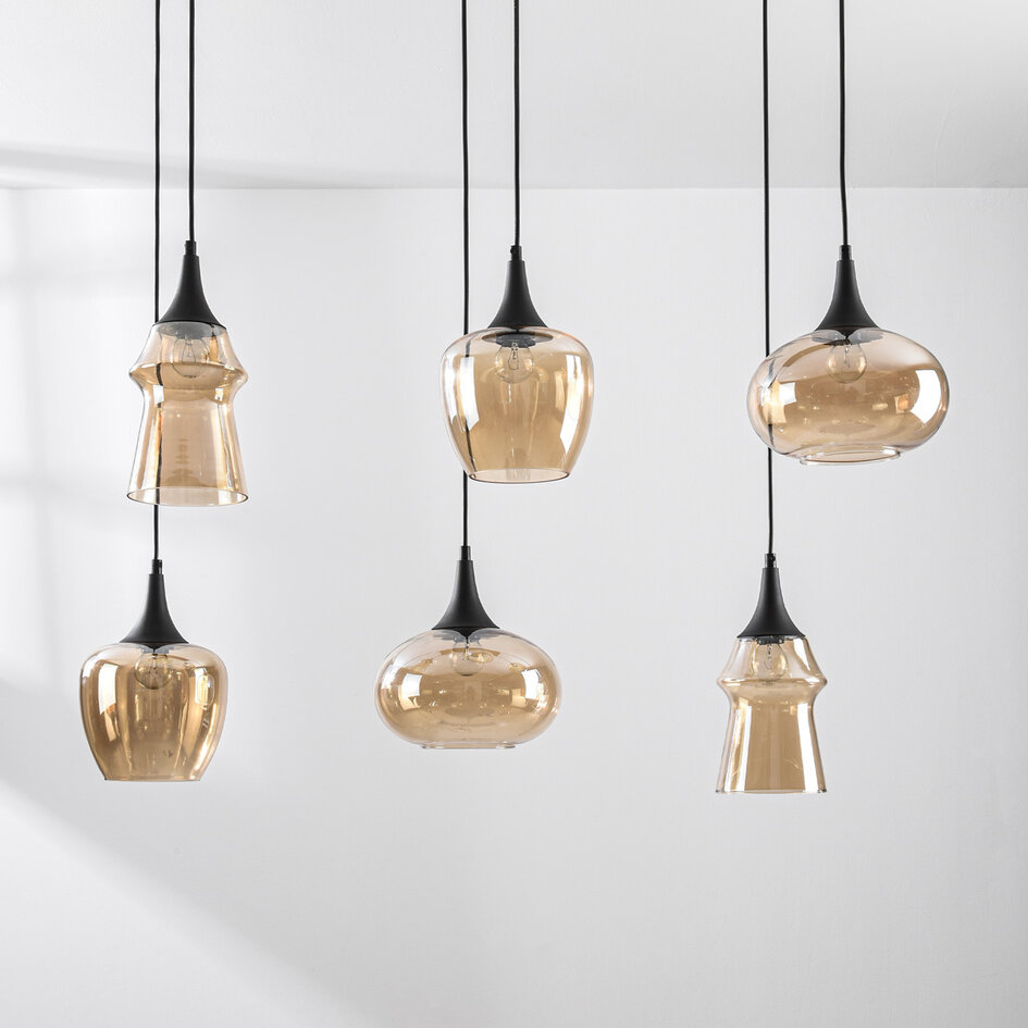6 światła lampa wisząca Lior czarna ze szkłem bursztynowym w różnych kształtach