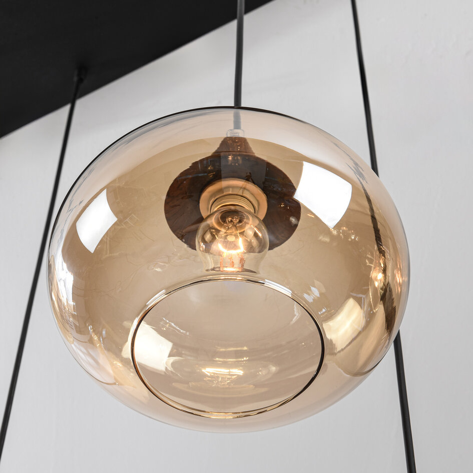 Lampa wisząca Lior czarny z imitacją drewna i szkłem bursztynowym w różnych kształtach – 6 światła