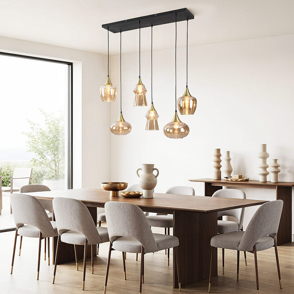 Lampa wisząca Lior złota ze szkłem bursztynowym w różnych kształtach – 6-światło