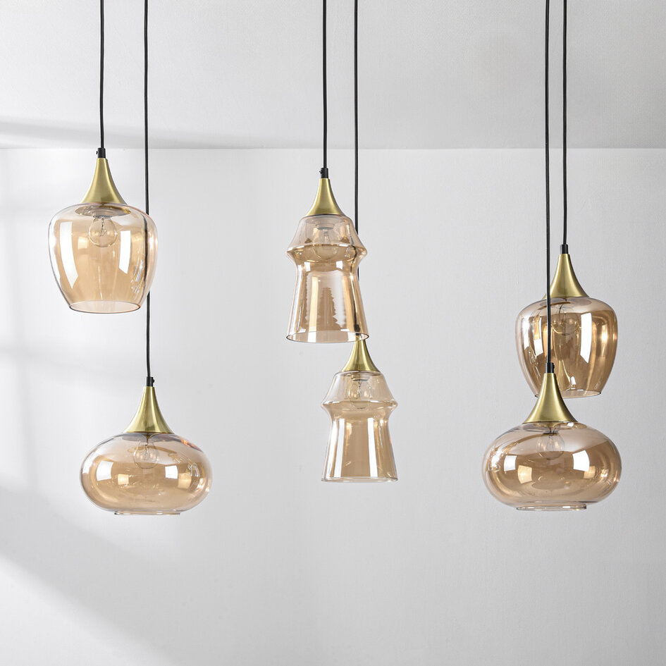 Lampa wisząca Lior złota ze szkłem bursztynowym w różnych kształtach – 6-światło