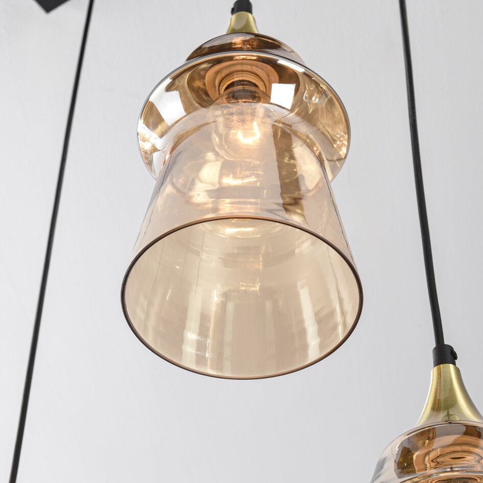 Lampa wisząca Lior złota ze szkłem bursztynowym w różnych kształtach – 6-światło