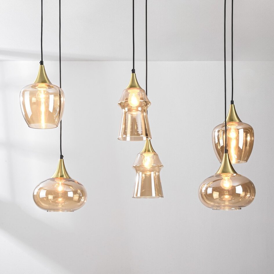 Lampa wisząca Lior złota ze szkłem bursztynowym w różnych kształtach – 6-światło