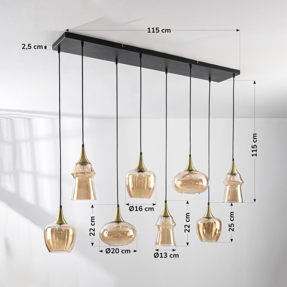 Lampa wisząca Cael złota ze szkłem bursztynowym w różnych kształtach – 8-światło