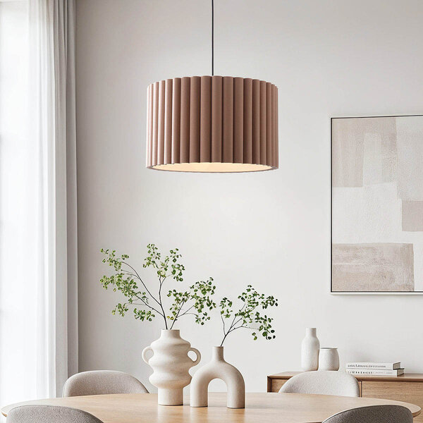 Nowoczesna lampa wisząca Ripla z okrągłym lnianym kloszem – brąz mokka