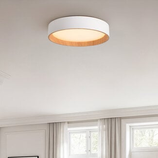 Designerska lampa sufitowa Larios z wbudowanym źródłem LED i 3-stopniowo ściemnialne Ø39 cm - biała z drewnianym akcentem