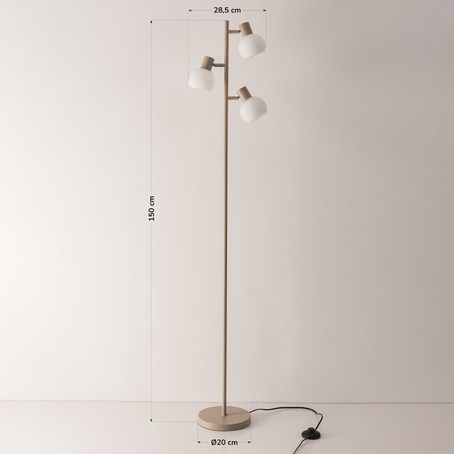 Lampa podłogowa Pieta w kolorze beżowym z trzema obrotowymi reflektorami z mlecznobiałego szkła