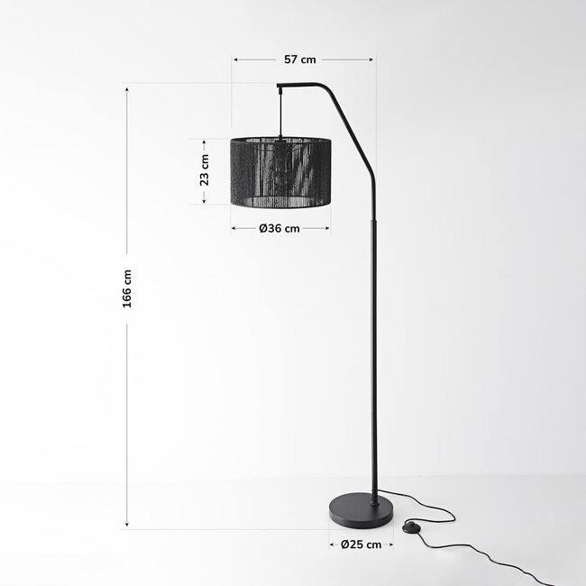 Lampa podłogowa łukowa Yoko czarna z kloszem ze sznura papierowego, 1 światło