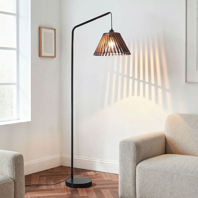 Lampa łukowa stojąca Ibis czarna z drewnianym kloszem, 1-światło