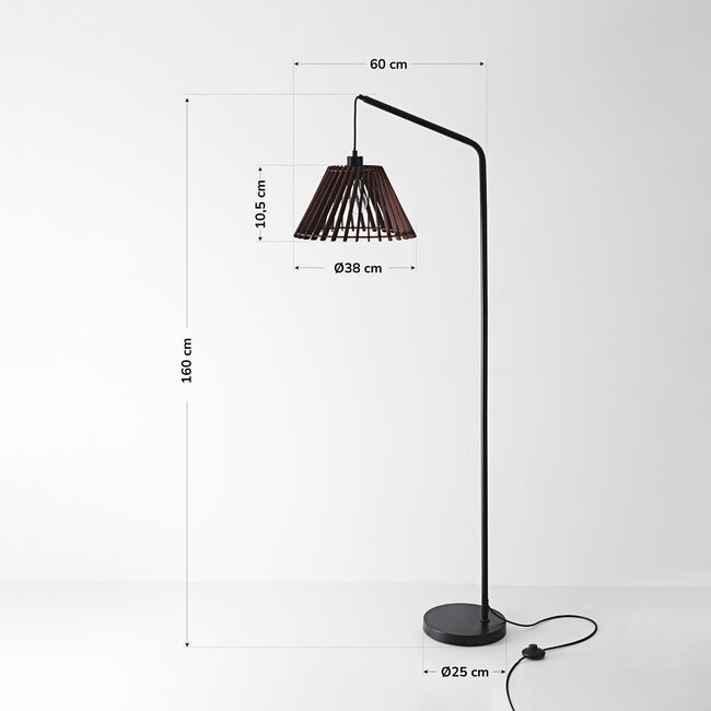 Lampa łukowa stojąca Ibis czarna z drewnianym kloszem, 1-światło