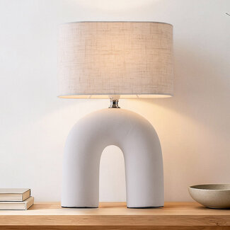 Lampa stołowa Japandi Poyta biała ceramiczna z lnianym kloszem