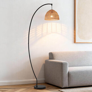 Nowoczesna lampa łukowa Estar z naturalnym kloszem i czarną ramą