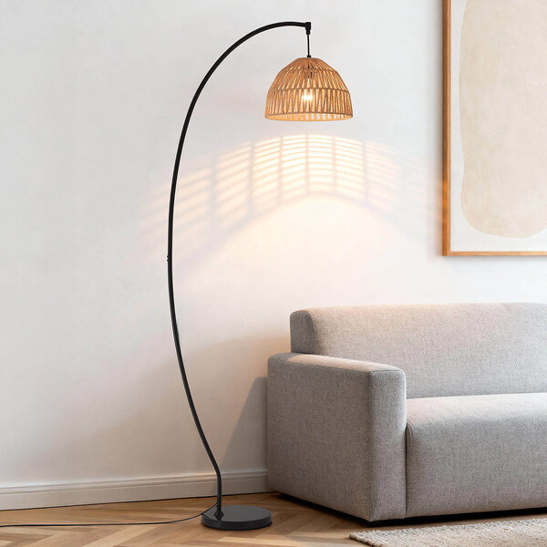 Nowoczesna lampa łukowa Estar z naturalnym kloszem i czarną ramą