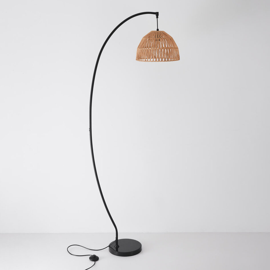 Nowoczesna lampa łukowa Estar z naturalnym kloszem i czarną ramą
