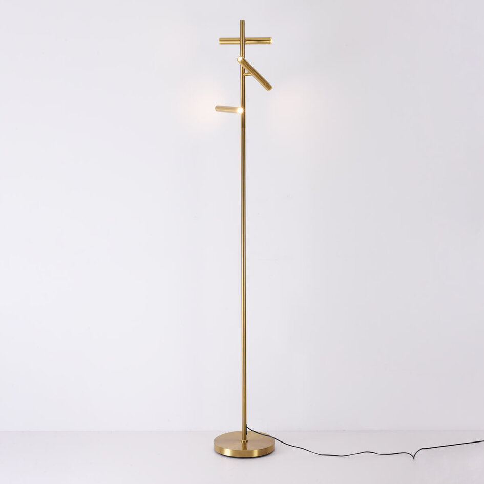 Luksusowa lampa podłogowa Zhan z trzema obrotowymi reflektorami, ściemniaczem dotykowym i światłem góra-dół – złota