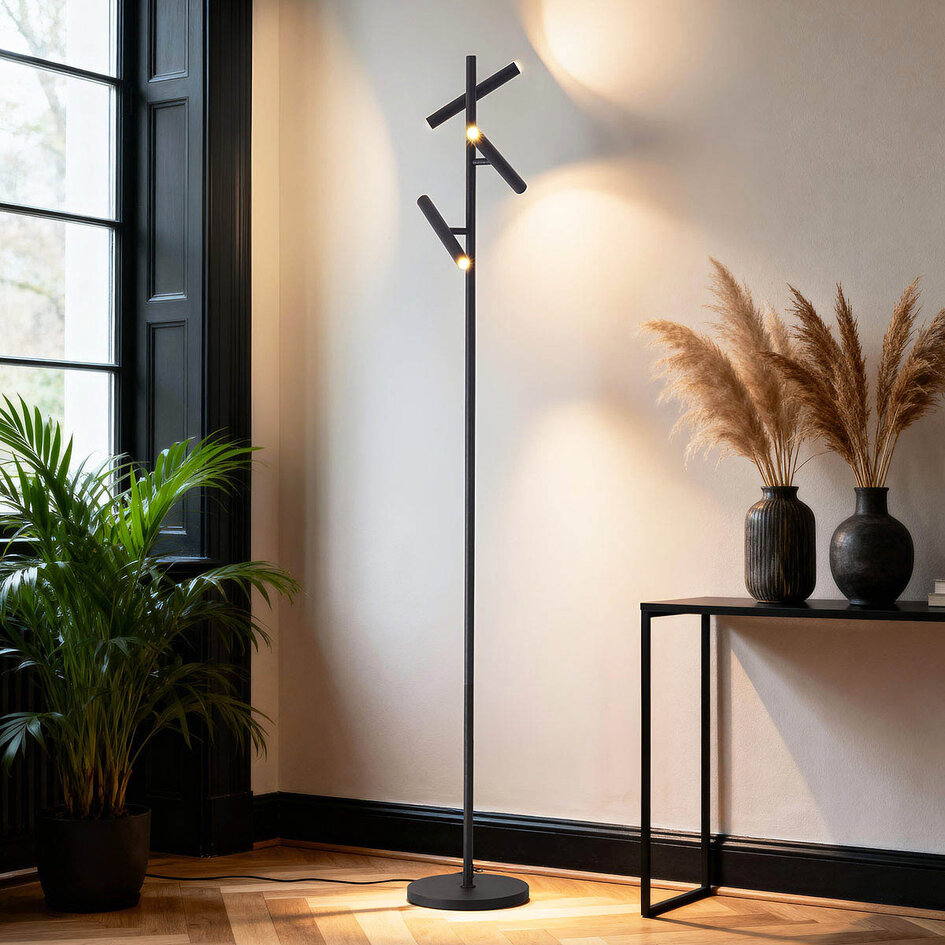 Lampa podłogowa Zhan z trzema obrotowymi reflektorami, ściemniaczem dotykowym i funkcją światła skierowanego w górę i w dół – czarna