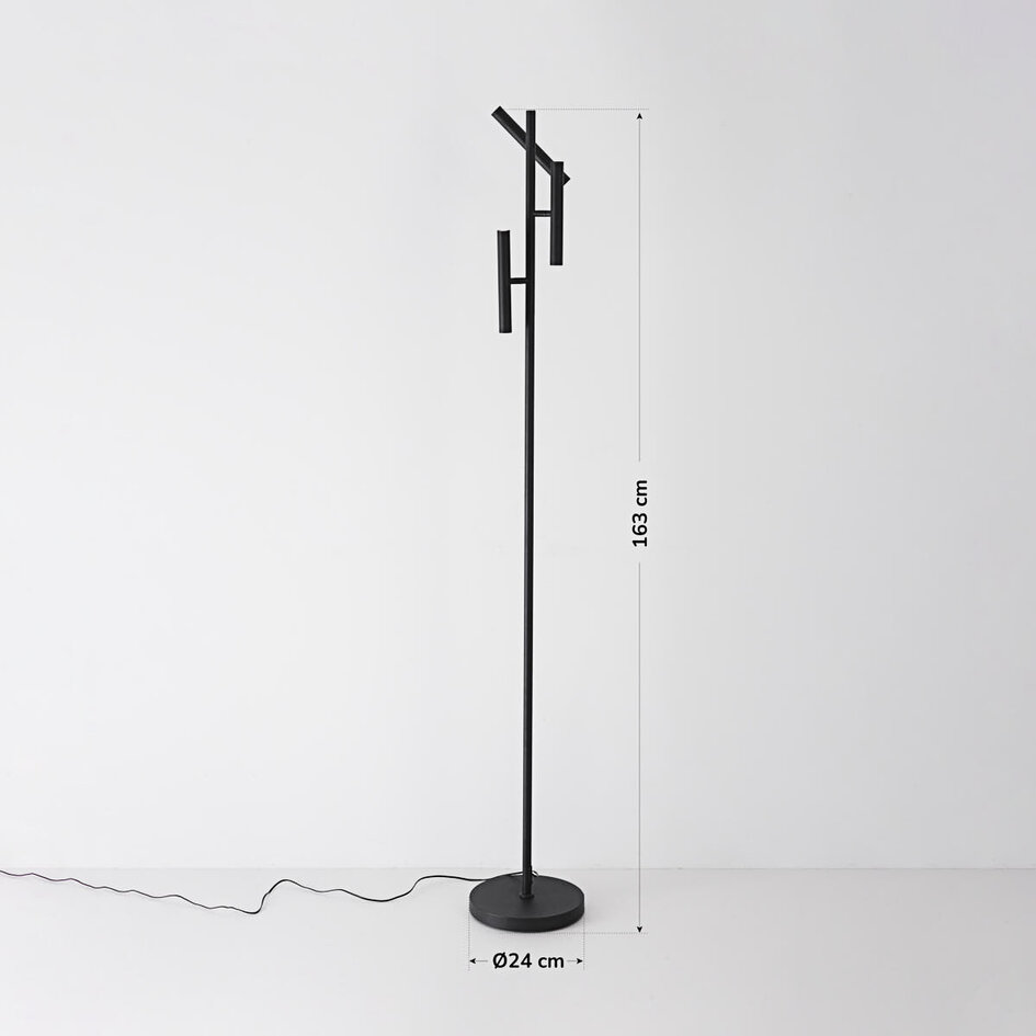 Lampa podłogowa Zhan z trzema obrotowymi reflektorami, ściemniaczem dotykowym i funkcją światła skierowanego w górę i w dół – czarna