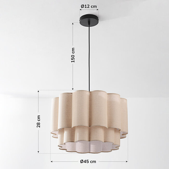 Japandi lampa wisząca Hona z 2-warstwowym falistym lnianym kloszem - beżowa