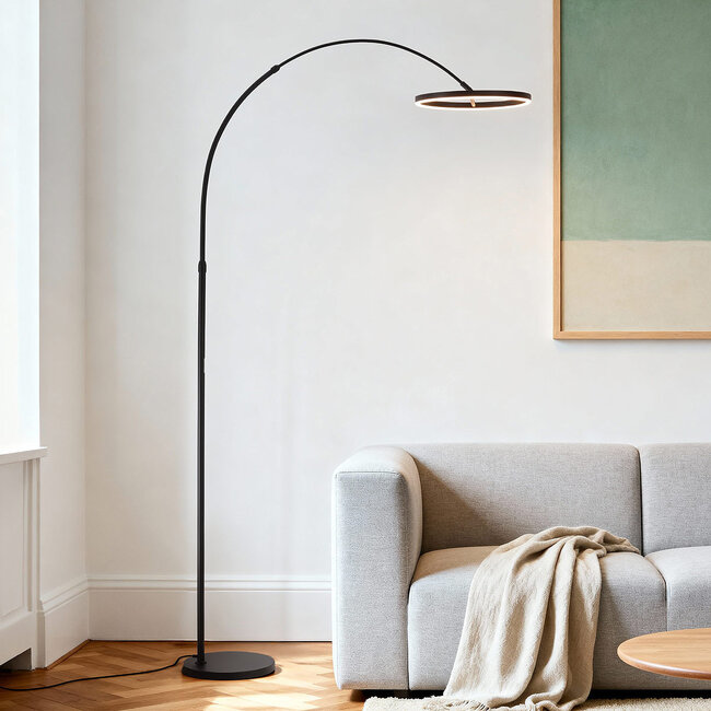 Lampa łukowa Talto w czarnym macie z wbudowanym źródłem LED i ściemniaczem dotykowym