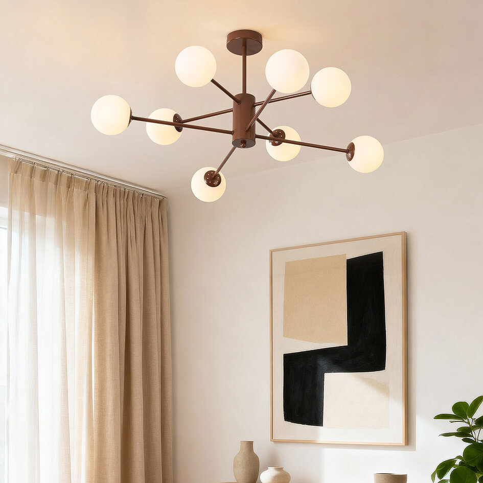 Design lampa sufitowa Idaho - brązowa z mlecznobiałym szkłem, 8-światło