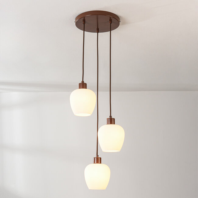 Nowoczesna lampa wisząca Stockton - brązowa z mlecznobiałym szkłem, 3 światła