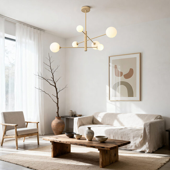 Design lampa sufitowa Sest beżowa z mlecznobiałym szkłem - 6-światło