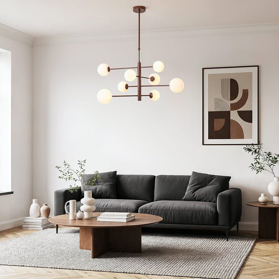 Lampa sufitowa Oito brązowa z mlecznobiałym szkłem i obrotowa, 8-światło