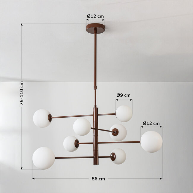 Lampa sufitowa Oito brązowa z mlecznobiałym szkłem i obrotowa, 8-światło