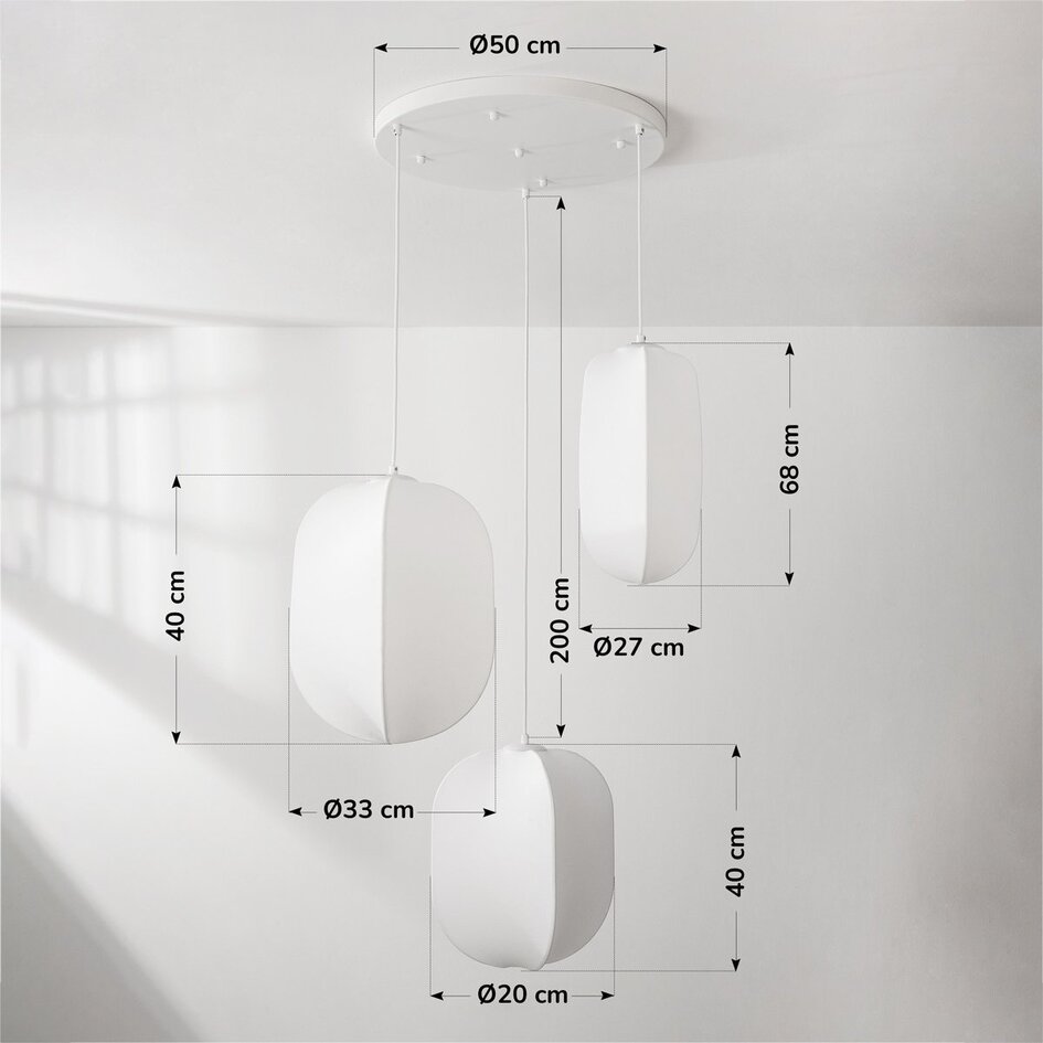 Biała lampa wisząca Asago 3 światła z jedwabnymi kloszami – KD design