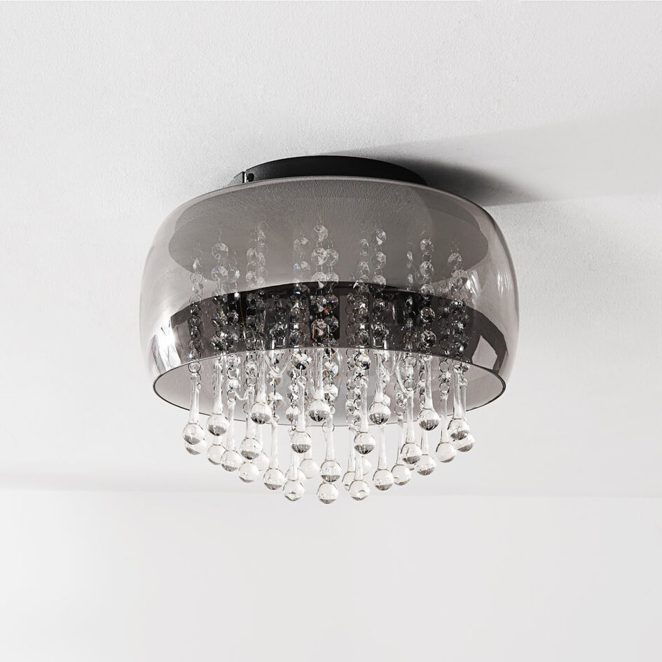 Lampa sufitowa Zafira ze szkłem dymionym i kryształowymi akcentami