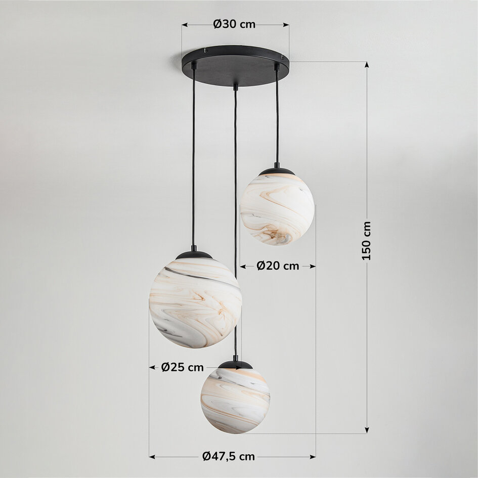 Design lampa wisząca Marbelle czarna ze szkłem imitującym marmur 3 światła