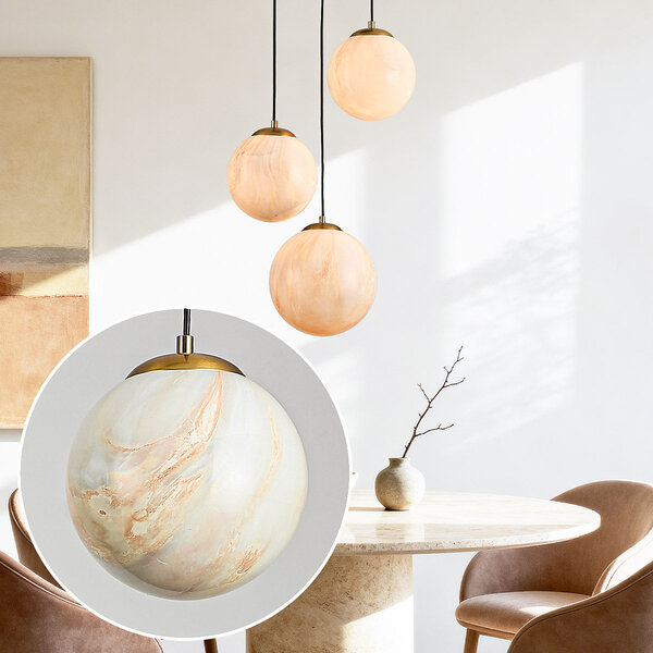 Designerska lampa wisząca Tessra ze szkłem imitującym marmur, 3 światła – złoty mosiądz