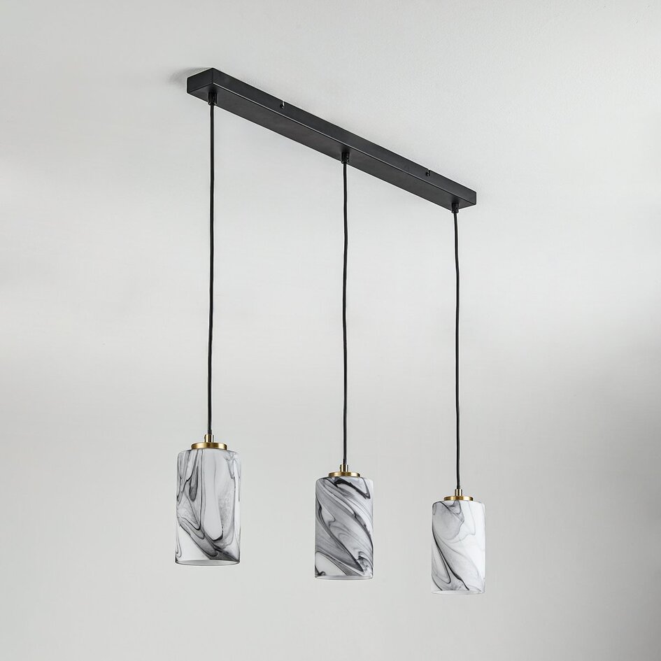 3-światlowa lampa wisząca Vetra z kloszami imitującymi marmur – mosiężno-złote i czarne