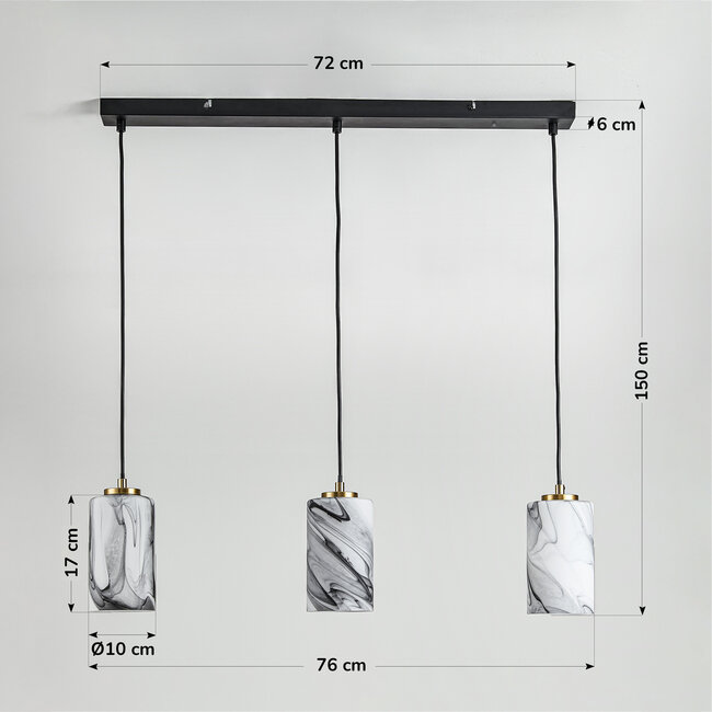 3-światlowa lampa wisząca Vetra z kloszami imitującymi marmur – mosiężno-złote i czarne