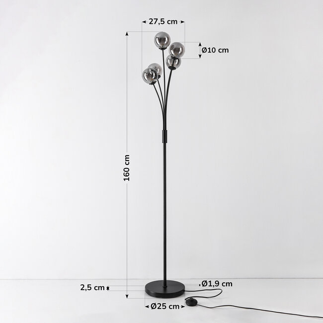 Lampa stojąca Claire w kolorze czarnym ze szkłem dymionym, 5 światła