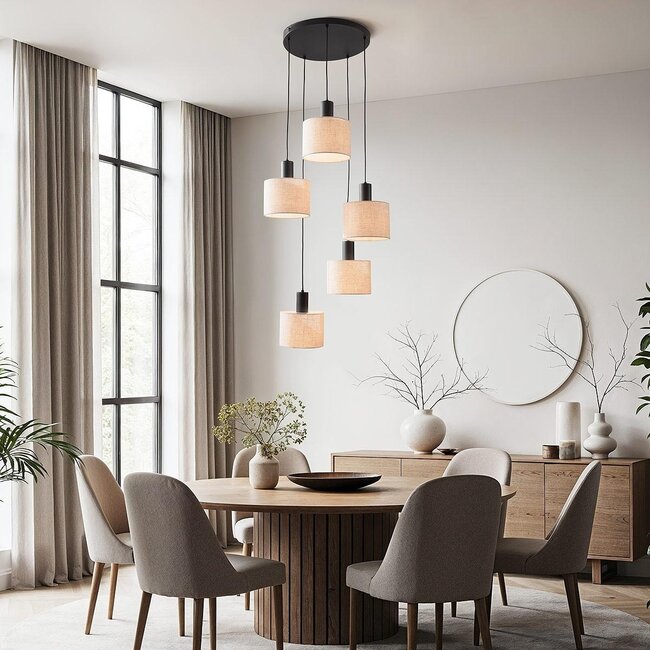 5 światła Skandynawska lampa wisząca Linne z beżowymi lnianymi kloszami