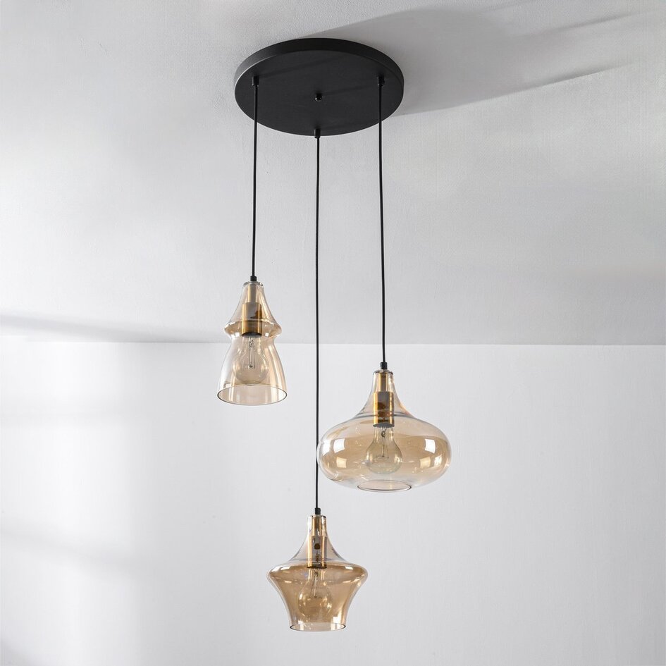 Designerska lampa wisząca Calypso z 3 światłami i kloszami z bursztynowego szkła