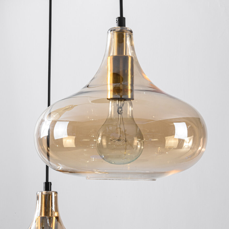 Designerska lampa wisząca Calypso z 3 światłami i kloszami z bursztynowego szkła
