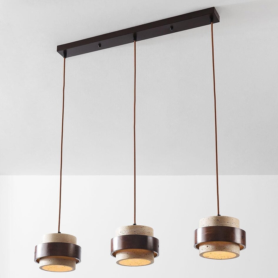 Naturalna lampa wisząca Travé z 3 światłami, wykonana z trawertynu (kamienia naturalnego) i drewna