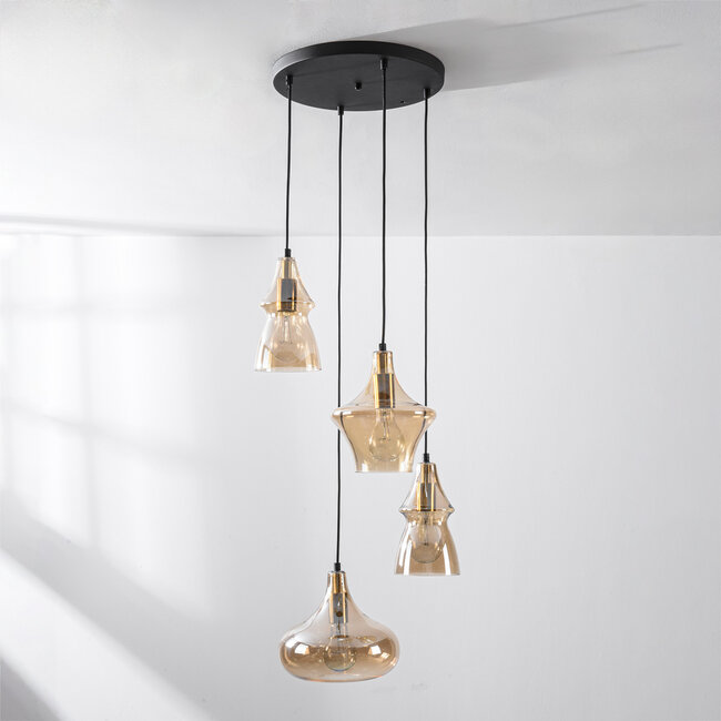 Lampa wisząca w stylu retro Calypso z czterema kloszami ze szkła bursztynowego